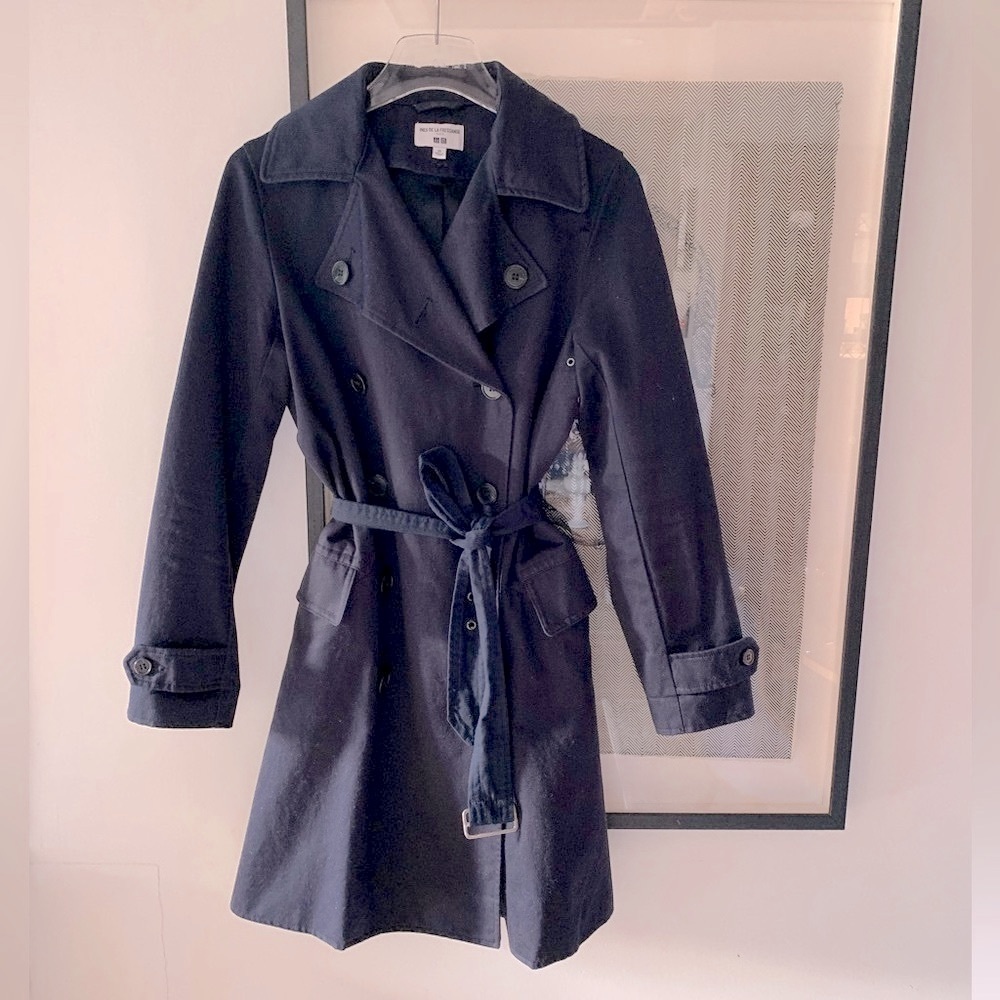 Ines De Fressange for Uniqlo navy double breasted trench coat size XS